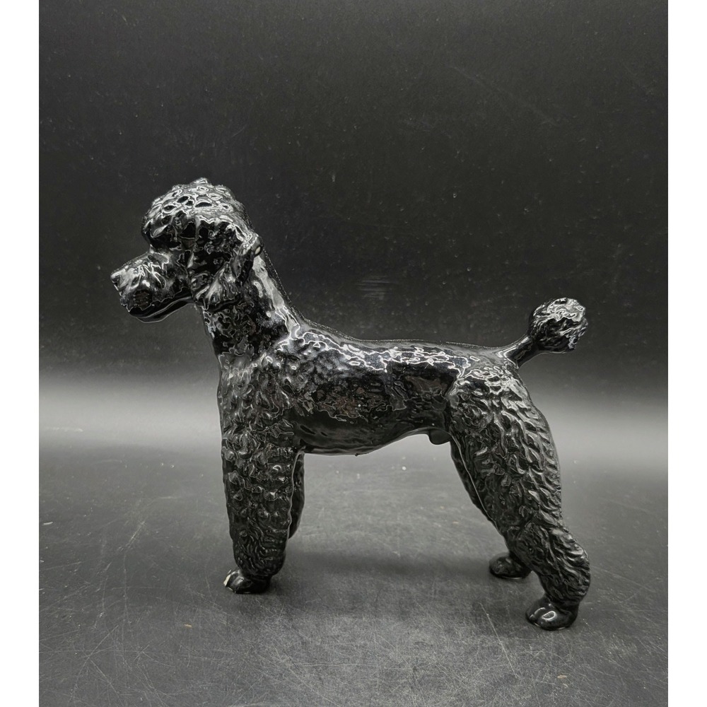 Vintage Glossy Black Ceramic Poodle Dog Figurine Mid-Century Modern Statue 7"